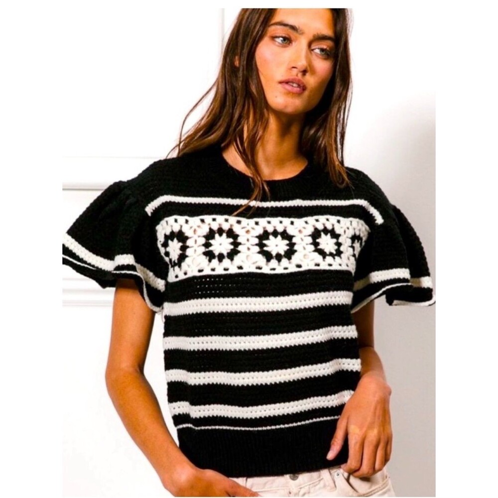 BiBi Crochet Granny Square Flutter Sleeve Sweater Top Boho XL NWT